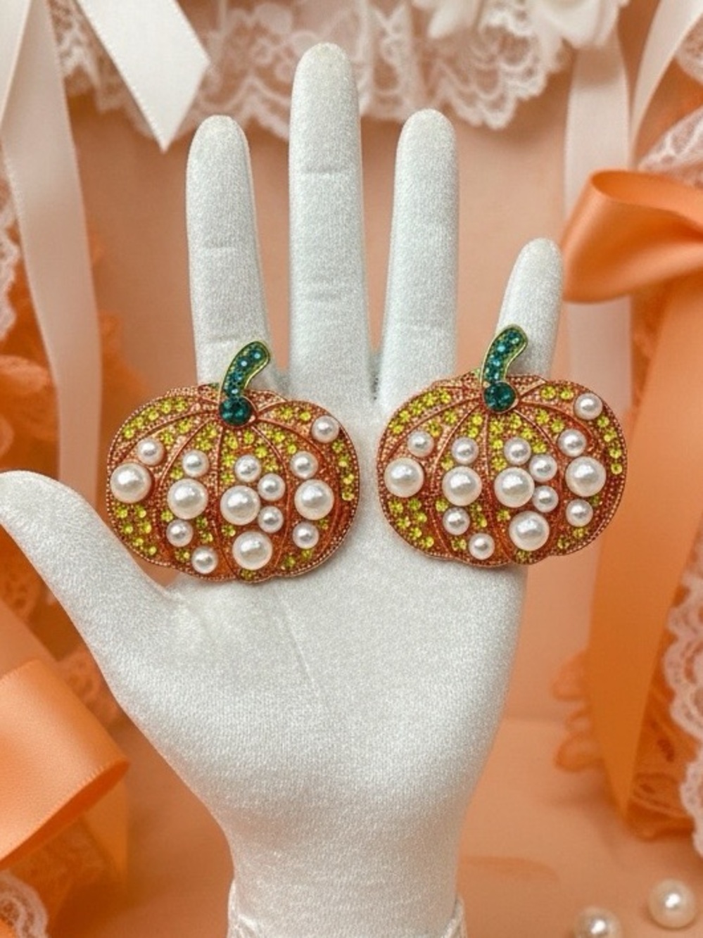 Halloween Bling Pearl Pumpkin Statement Earrings Fall Autumn Core Spooky Glam